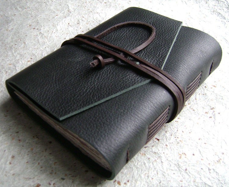 Leather Journal, deep forest green with dark brown tie closure, approx. 4"x6", handmade rustic journal
