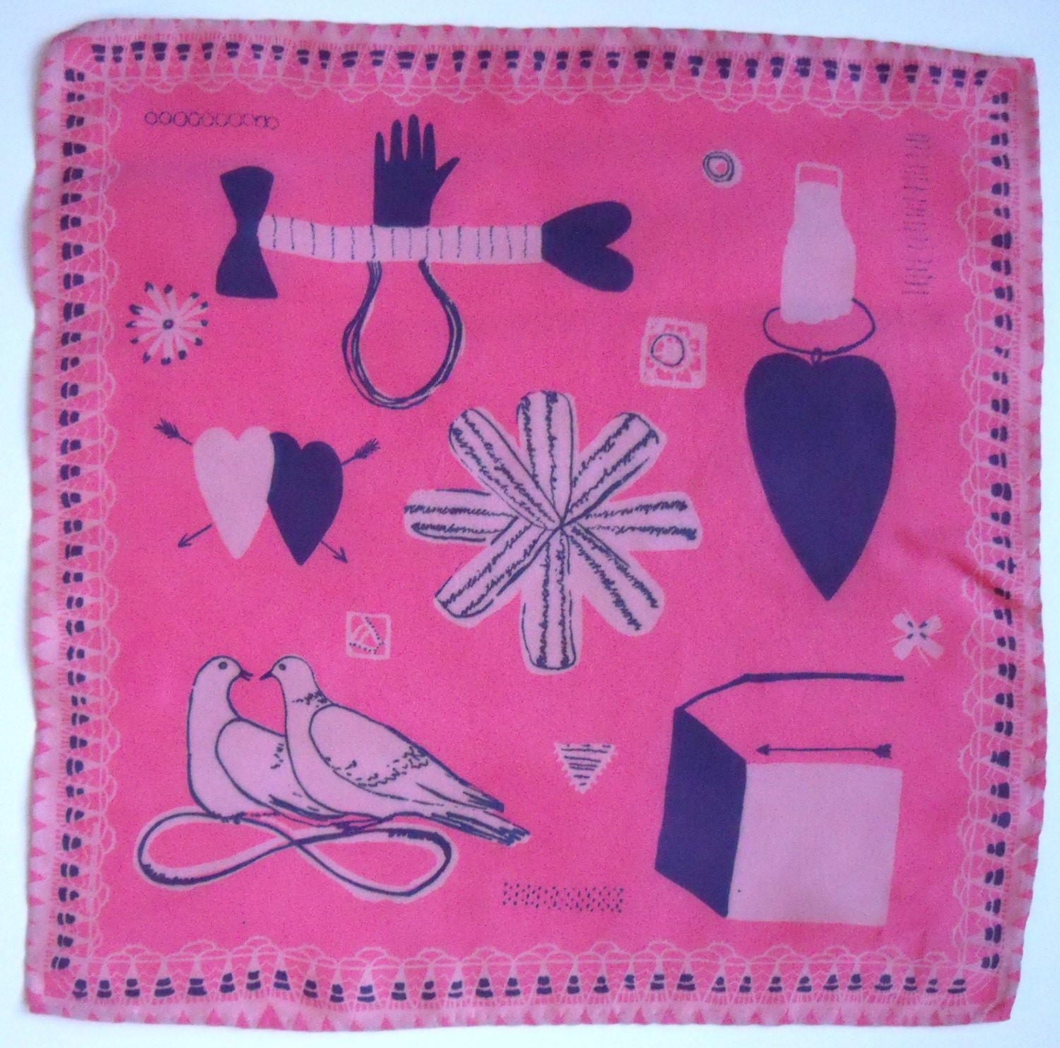 Hand Screen Printed Silk Love Token Handkerchief Pink/Grey/Navy