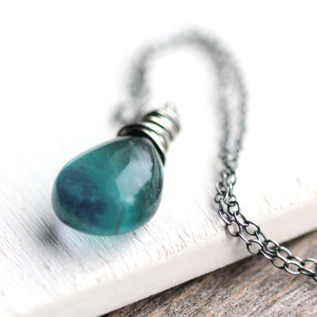 Teal Blue Gemstone Necklace Blue Paraiba Fluorite Necklace Wire Wrapped in Sterling Silver - Curaçao - Summer Ocean Beach Fashion