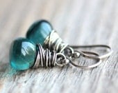 Teal Blue Gemstone Earrings Blue Paraiba Fluorite Wire Wrapped on Sterling Silver - Curaçao - Summer Ocean Beach Fashion