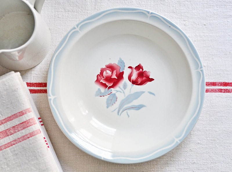 vintage french serving bowl - red and blue floral pattern