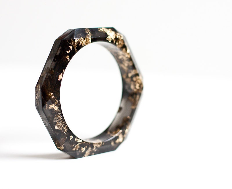 Black Resin Bangle Faceted Bracelet Gold Flakes Dark Gray Thin Geometric bangle OOAK rusteam