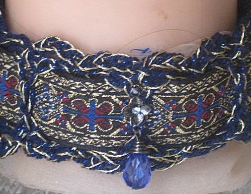 Choker Crochet with Brocade Ribbon and Matching Yarn with Blue Center Jewel Handmade on Etsy