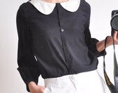 Black White Heavy Weight Stretchy Pure Silk Satin Petterpan Collar 3/4 Balloon Sleeves Shirt
