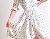 White Black Small Ploka Dots Pure Silk Satin Full Pleated Shirt Dress