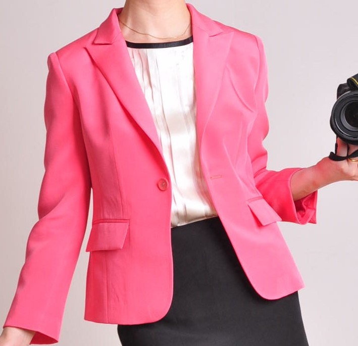 Hot Pink Pure Silk Women One Button Pockets Suit Blazer Jacket