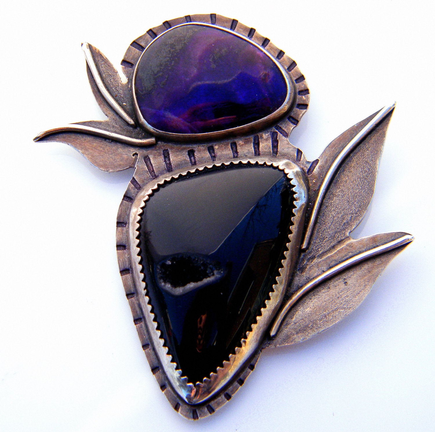 Black Onyx Druzy and Purple Sugilite  leaves pendant