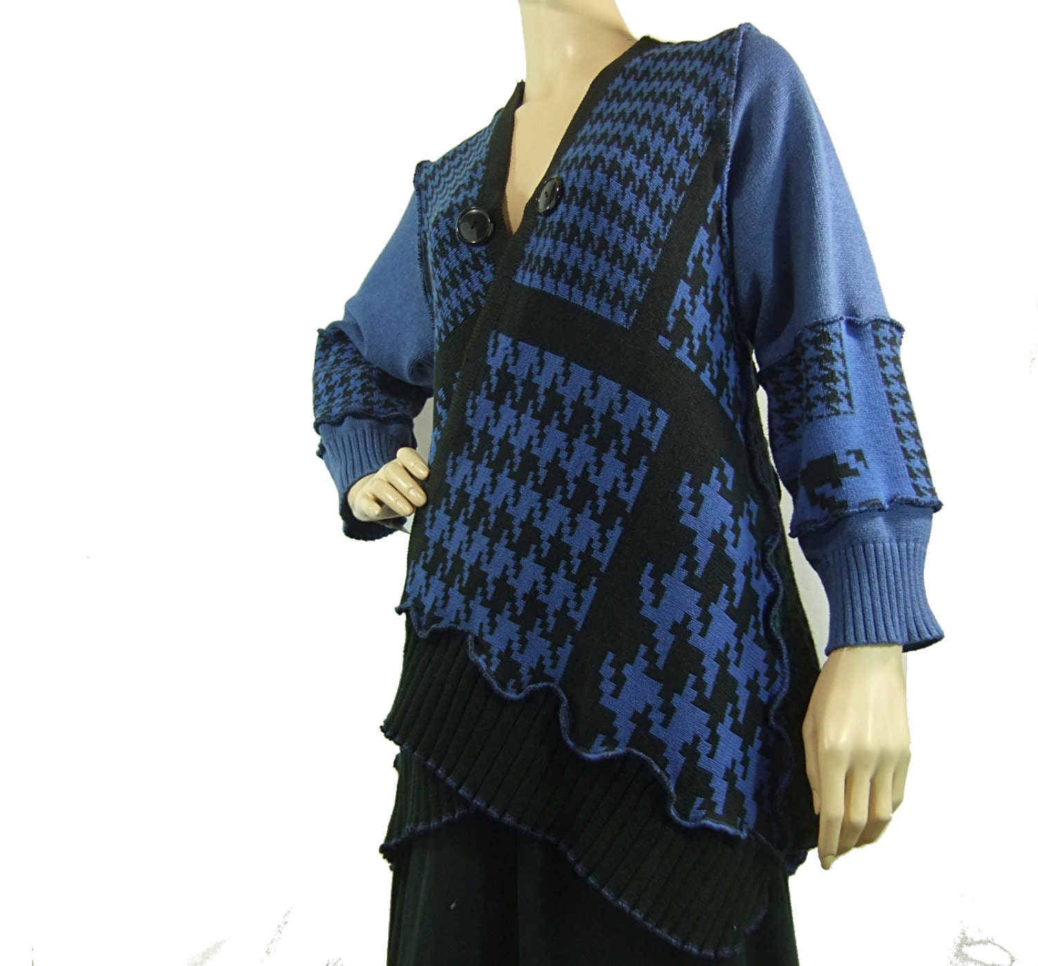 Blue cardigan sweater, wrap open style, women, houndstooth black, green royal blue