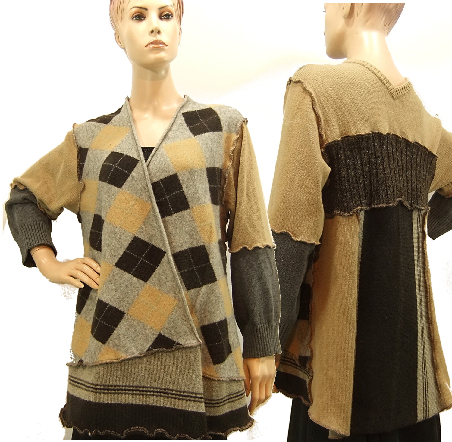 Argyle cardigan sweater, open front, Large size, womans tan gray brown