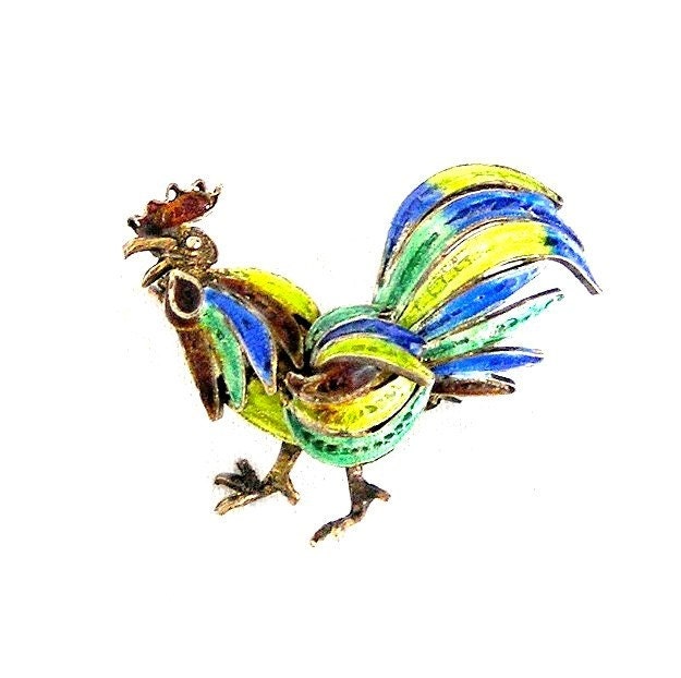 Silver Enamel Rooster Plique à Jour Figural Brooch