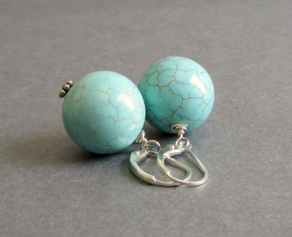 Tiffany Blue Magnesite Earrings / Gemstone Bead Earrings / Sterling Silver Lever Back Earrings - Impact