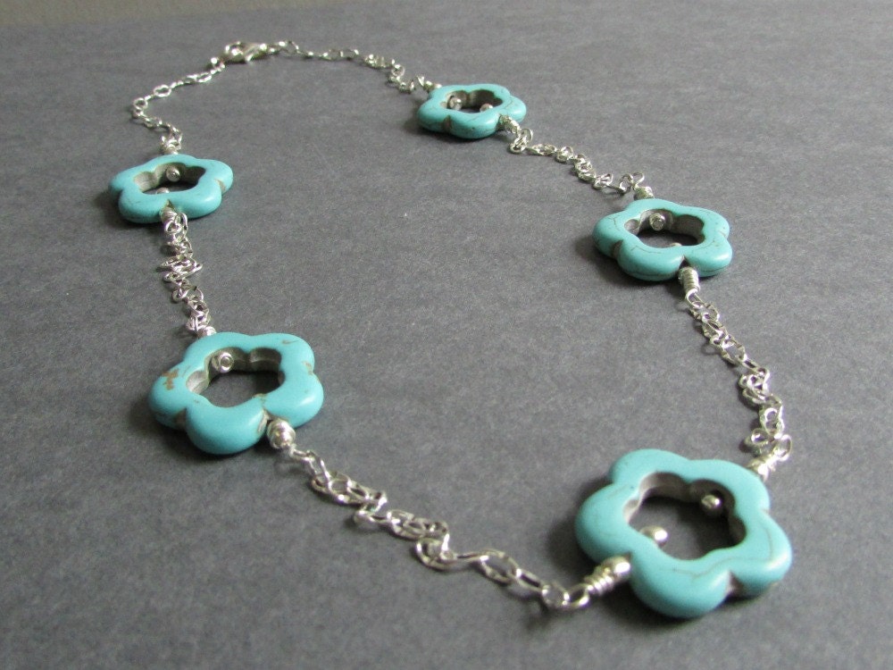 Turquoise Magnesite Necklace / Flower Station Necklace / Gemstone Flower Necklace / Silver Plated Chain Necklace - Bloom