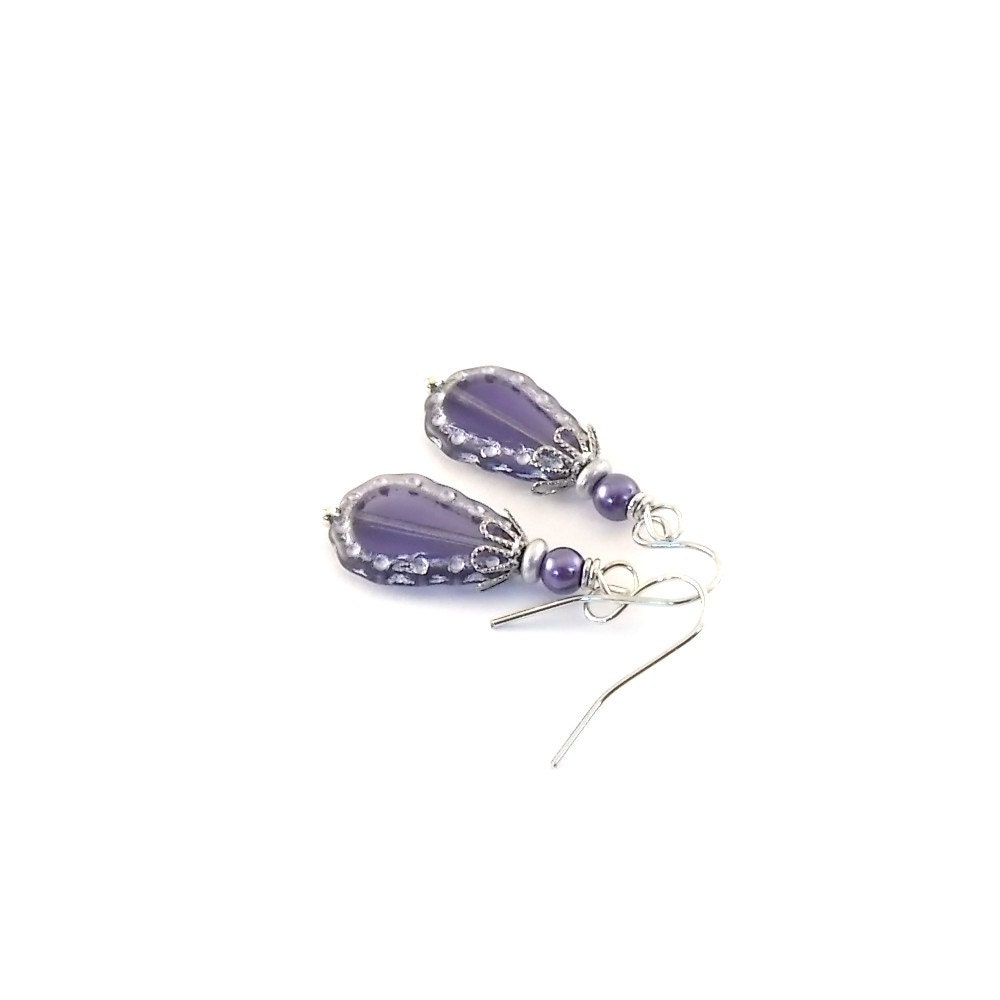Purple Teardrop Earrings Czech Glass, Glass Pearl, Antique Silver Wires