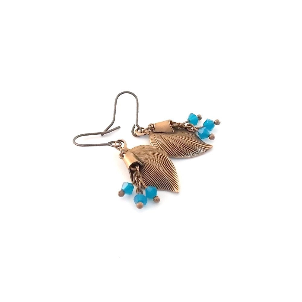 Copper Leaf Earrings Cobalt Blue Light Blue Antique Blue Beaded Wire
