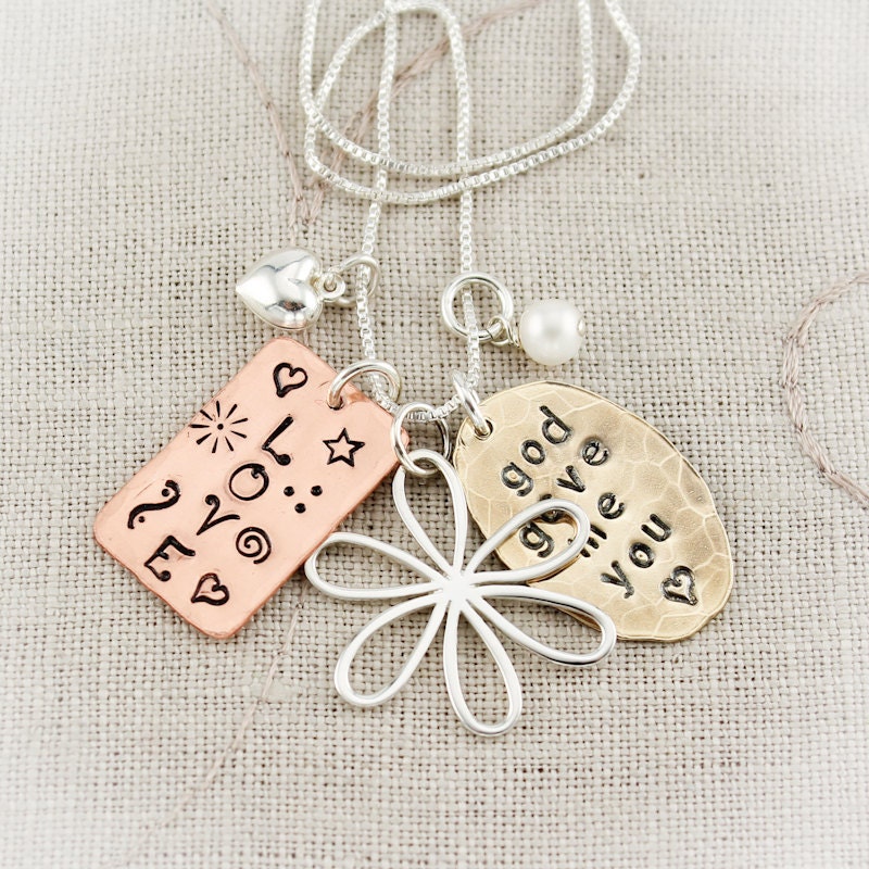 God Gave Me You and Love Necklace with Flower Charm Hand Stamped Personalized Copper, Brass and Sterling Silver