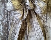 Brown and cream FRENCH SCRIPT LINEN  Ribbon  Wreath Bow Wedding Bow