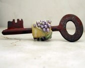 Handmade Lampwork Key Bead, Grape Lampwork Bead on Vintage Skeleton Key