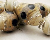 Lampwork Glass Bead Set  SRA Etched Rustic Organic - Beige Brown Gray Black Silver Jewelry Supply 'Argento Terra'