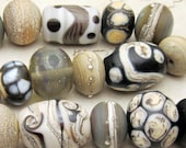 Lampwork Glass Bead Set, Etched Organic, Black, Ivory and Gray  'Italian Marble'