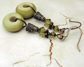 Lampwork Earrings - Antique Brass Matte Green Beads Swarovski Crystal Boho Beaded Jewelry 'Bohemia'