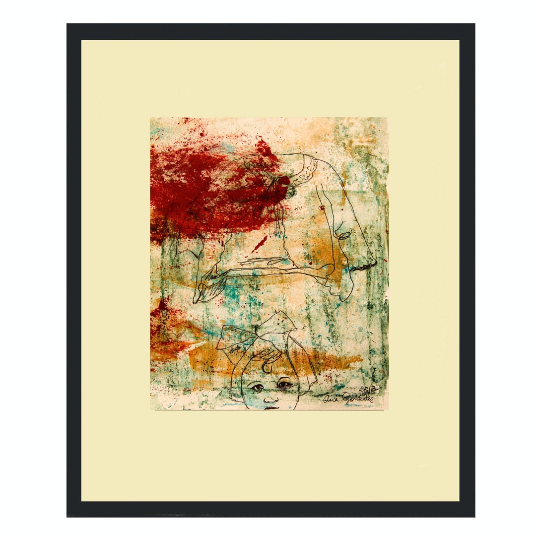 Original Painting paper, 8x10 nursery wall Art, little old girl, red turquoise green black. drawing ink Spanish Modern Art