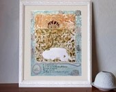 Original Painting on paper, full little delicate drawings animals, characters, blue gray green pink, poem Spanish Art