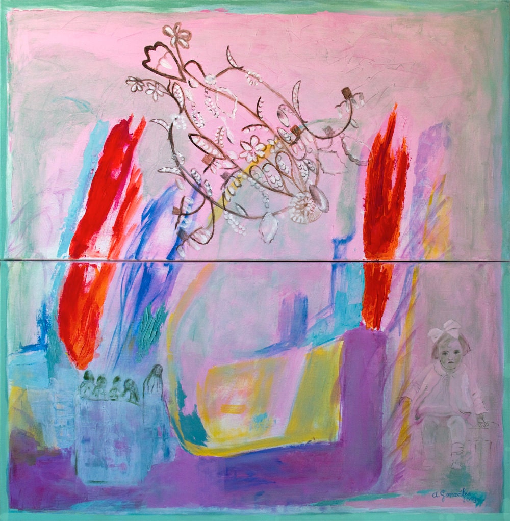 Large Original Painting abstract expressionist 40x40, 2 panels canvas turquoise red green pink yellow, Shabby Chic Modern wall Art