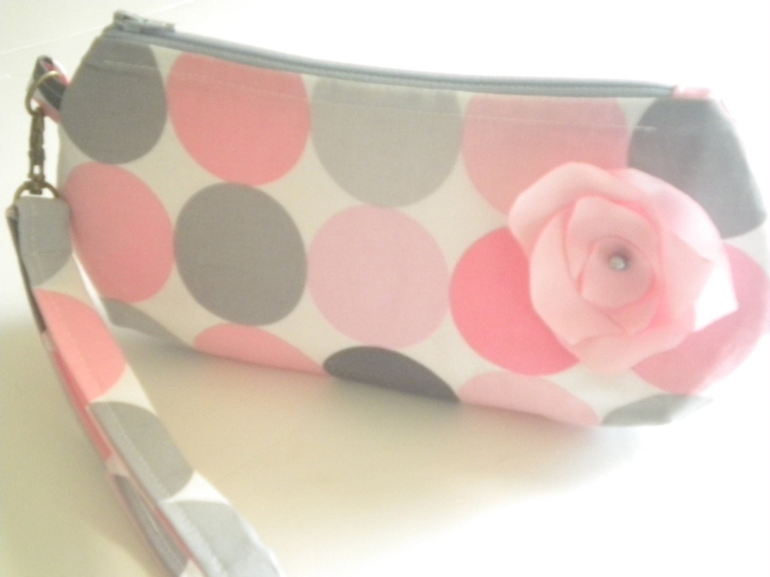 Wristlet Purse  in Blossom Disco Dots Pink Gray Black... Removable Flower