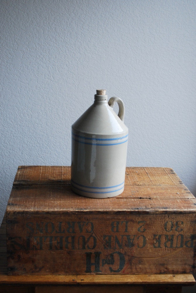 Stoneware pottery jug Whiskey Crock Storage Blue Rings