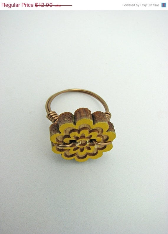 May SALE Wooden Button Ring. Wire Wrapped Floral Button Ring. Yellow Daisy.