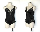 Vintage 80s Lingerie Teddy / 1980s Lingerie / 80s Teddy / Black Lace Lingerie / Lace Lingerie / Flutter Hip Seductress / Size S