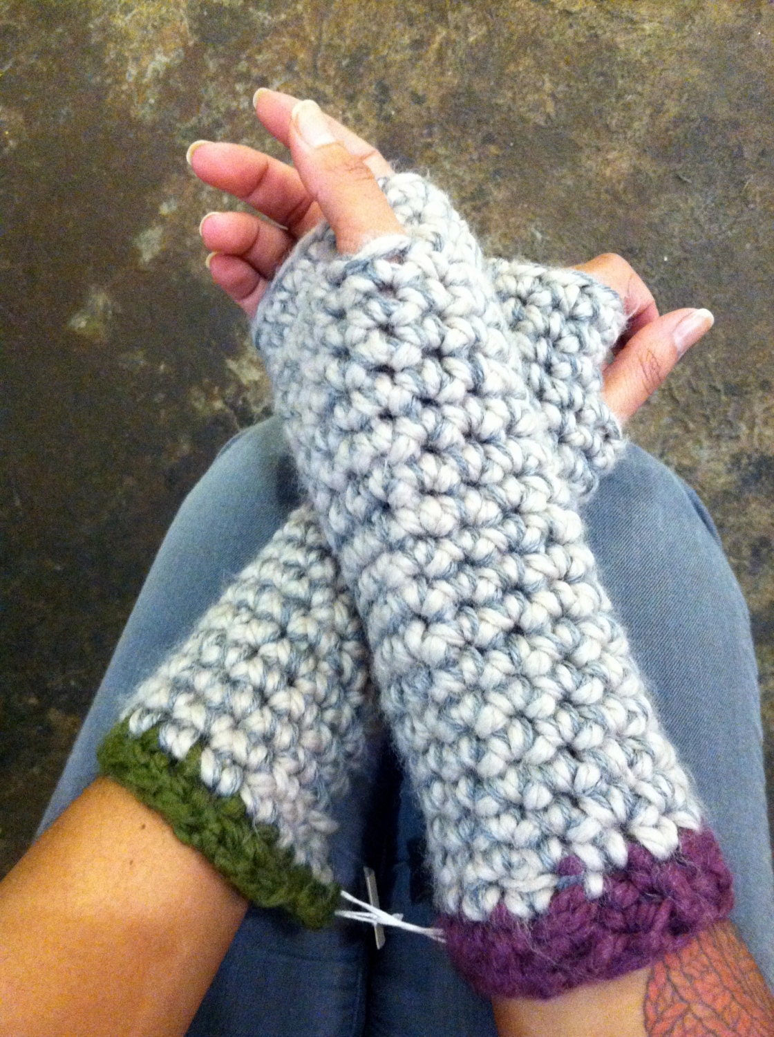 Creme and Grey with Purple & Green Armwarmers (Armmitts)