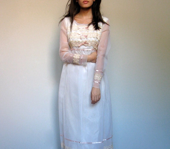 Sheer Lace Maxi Dress Vintage Wedding 70s Ivory Cream PInk Long Sleeve Train - Small. Medium S/ M