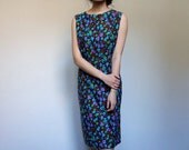 Bright Floral Dress Black Turquoise Purple Lime Simple Sundress Floral Print Shift Dress - Extra Large XL