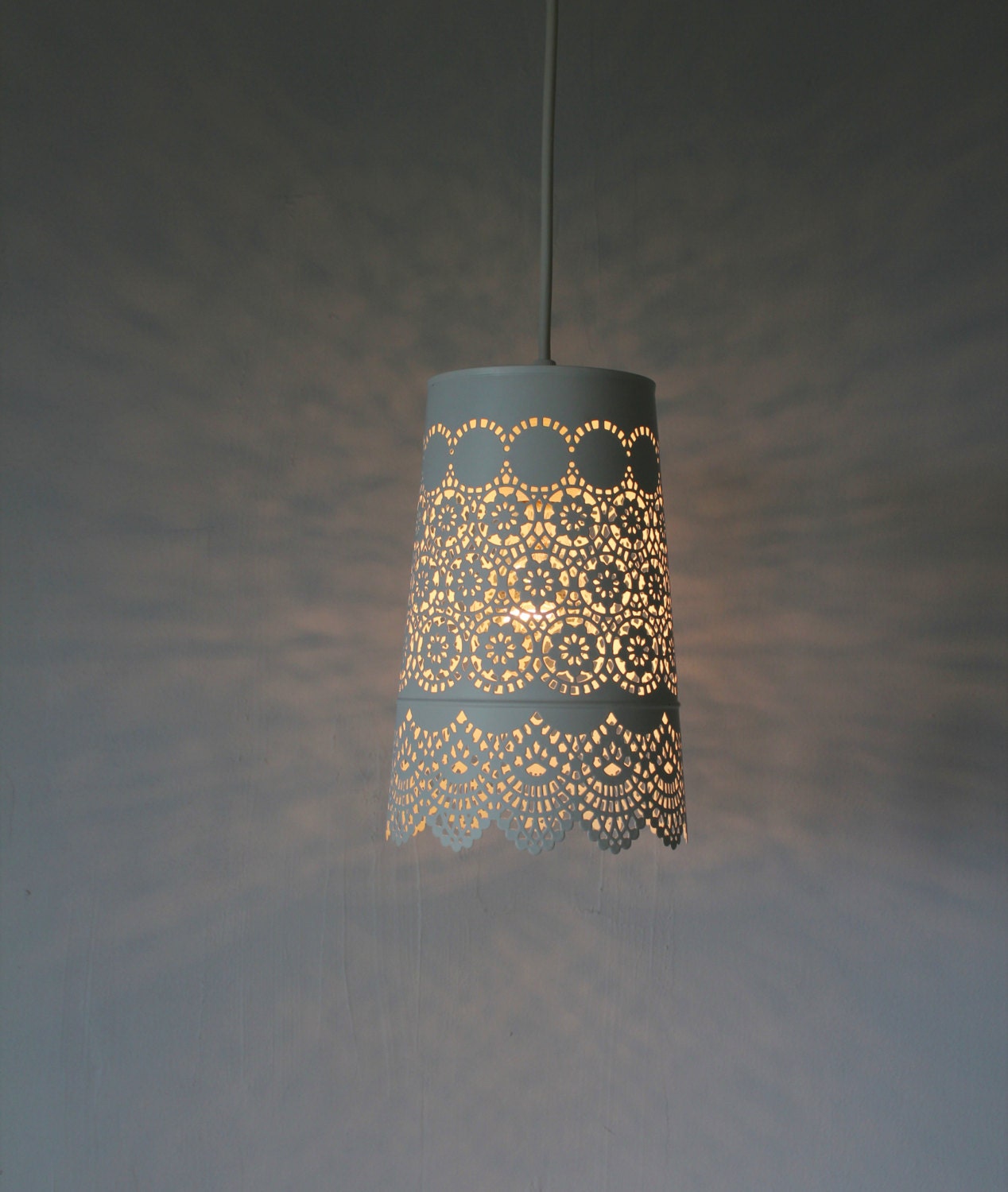 Queen Anne's Lace - UpCycled Hanging Pendant Lamp - White Mesh Lace Metal Garden Planter Lighting Fixture - BootsNGus Lamp Design