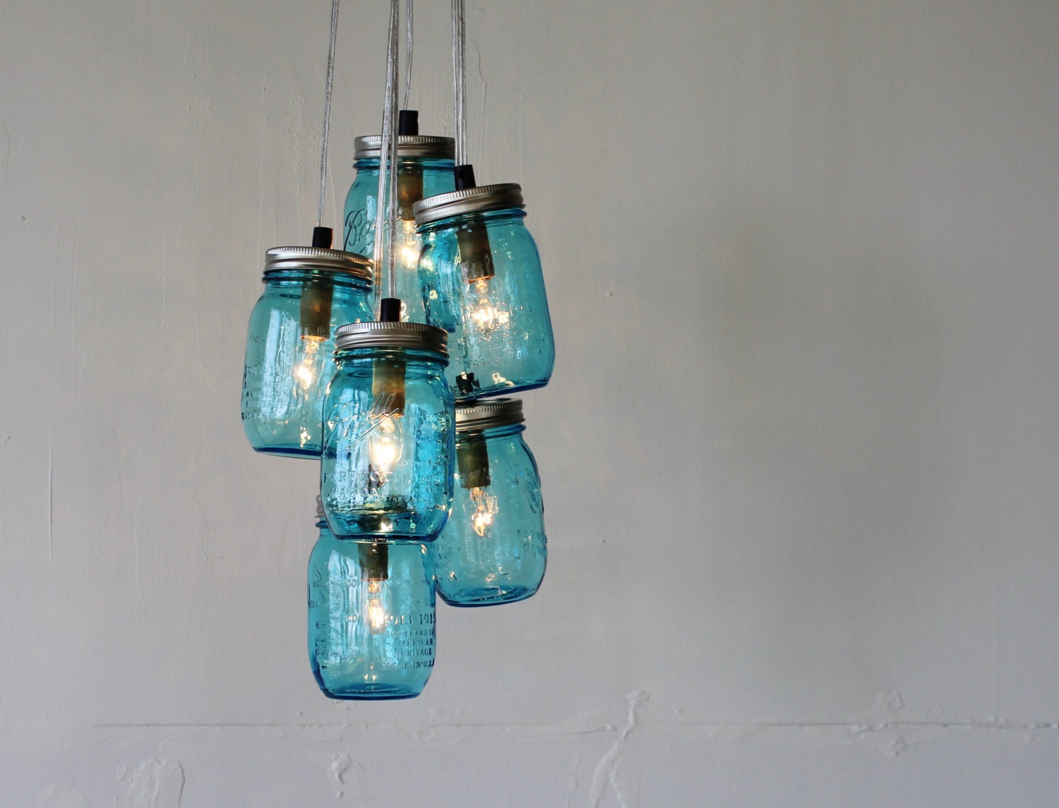 Feelin' Blue - Mason Jar Chandelier Featuring 6 Blue Perfect Mason Jars - Direct Hardwire Hanging Lighting Fixture - BootsNGus Lamps