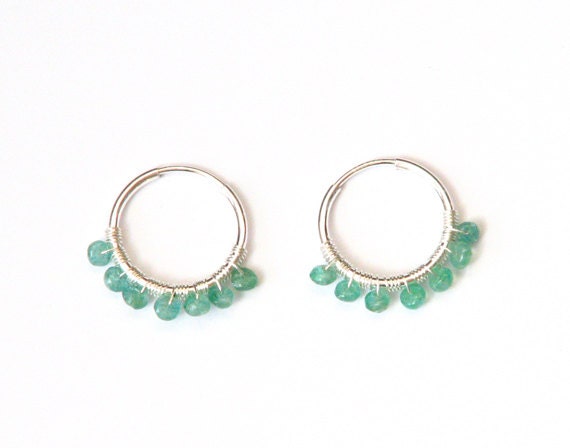Emerald and sterling silver endless hoop earrings- green gemstone small circle birthstone earrings- May- simple- minimalist- Karma