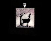 The Goat and the Peach Tree.  Pink Black and White. Sterling Silver Bezel Pendant. Original Ink Drawing on Polymer Clay. 3082