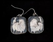 White Pony and White Dog Earrings. Original Ink Drawing on Polymer Clay Very Dark Grey and White 3109