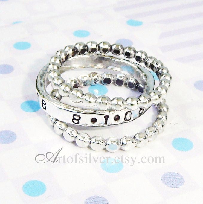 Stacked ring set - Handstamped rings - Personalized stackable message rings - 2 beaded rings with one stamped ring in the middle