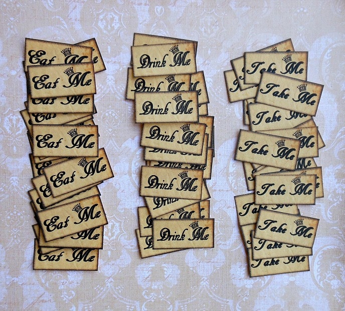 SET of 60- Alice in Wonderland Party Cards or Bakery TAGS- Eat Me, Drink Me, Take Me, add some magic to your world