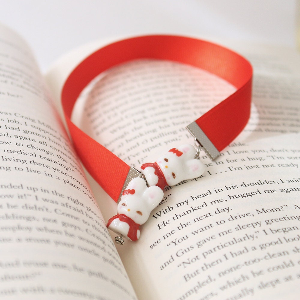 Ribbon Bookmark - Red & White Kawaii Bunny, Red Ribbon