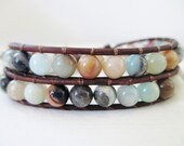 Amazonite Gemstone Bracelet - Beaded Leather Double Wrap Bracelet