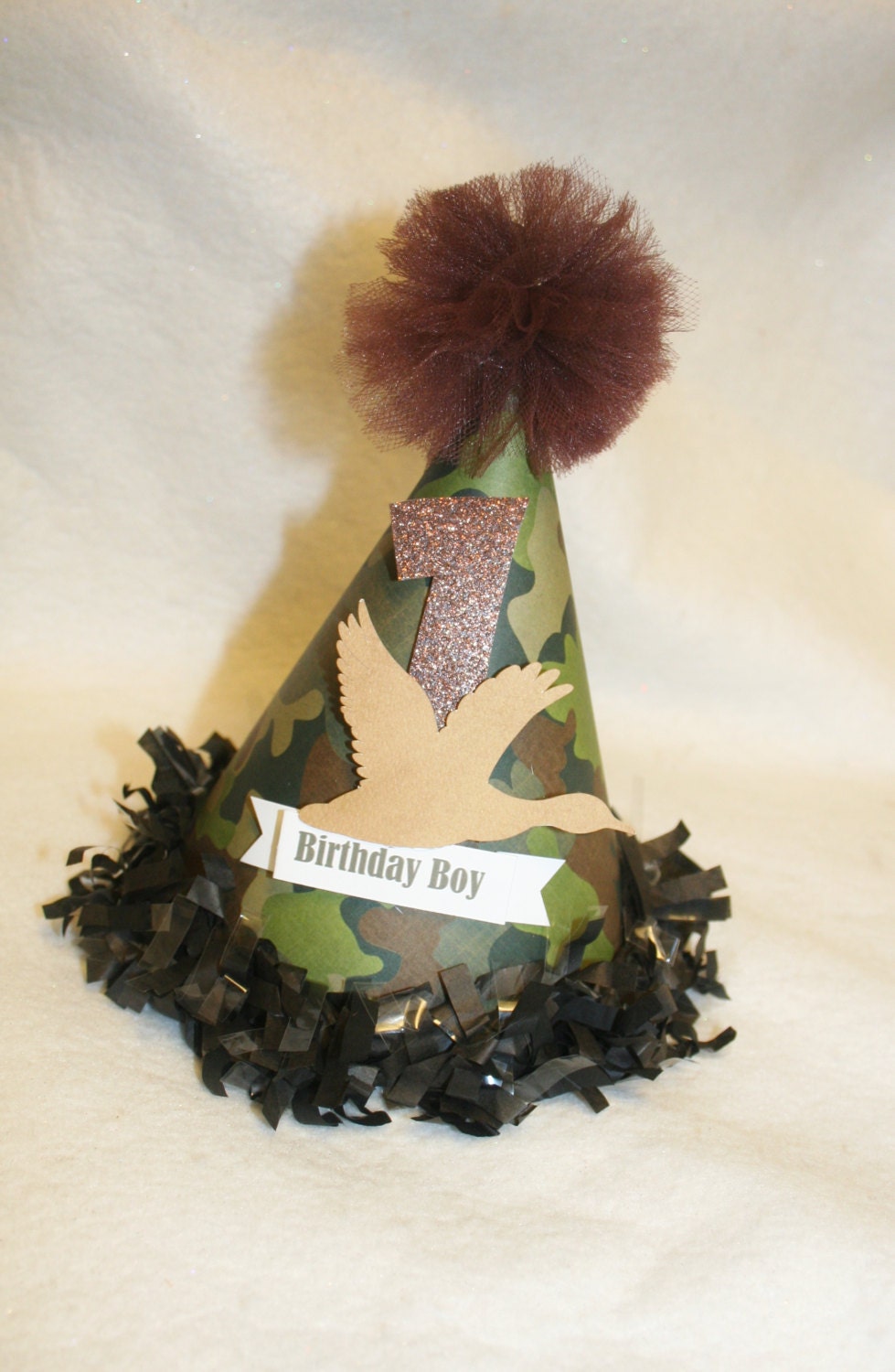 Little Hunter Camo Birthday Party Hat in army green, brown, tan and black for Hunting or Marines Party