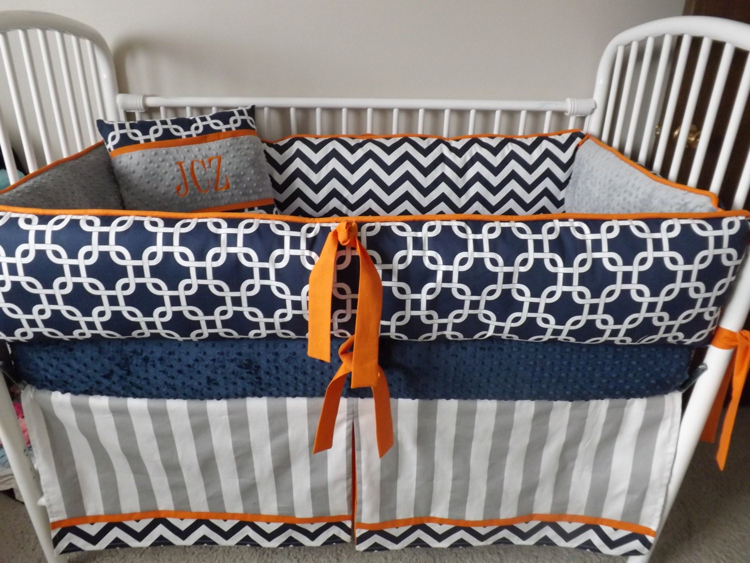 Navy Chevron and Gray Baby bedding Crib set DEPOSIT