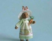 Choose your own colors for a miniature dressed bunny rabbit lady for 1/4" or doll for 1" scale plus free dollhouse kit