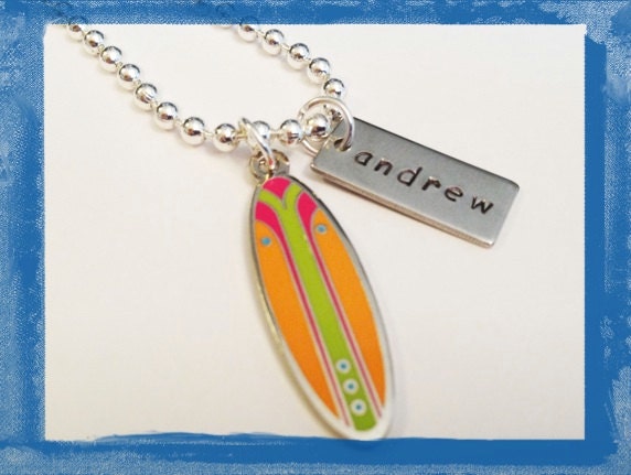 Boys Personalized Necklace SURF BOARD Jewelry  Hand Stamped  Necklace for Kids Boys