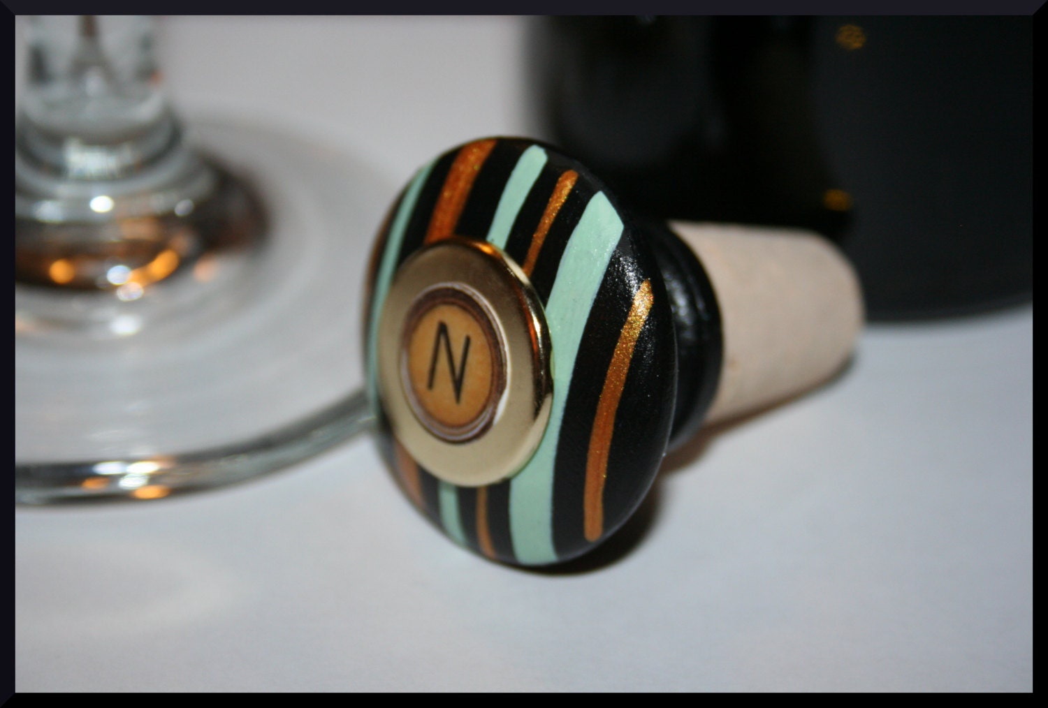 Black,Gold and Green Striped Wine Bottle Monogram Stopper