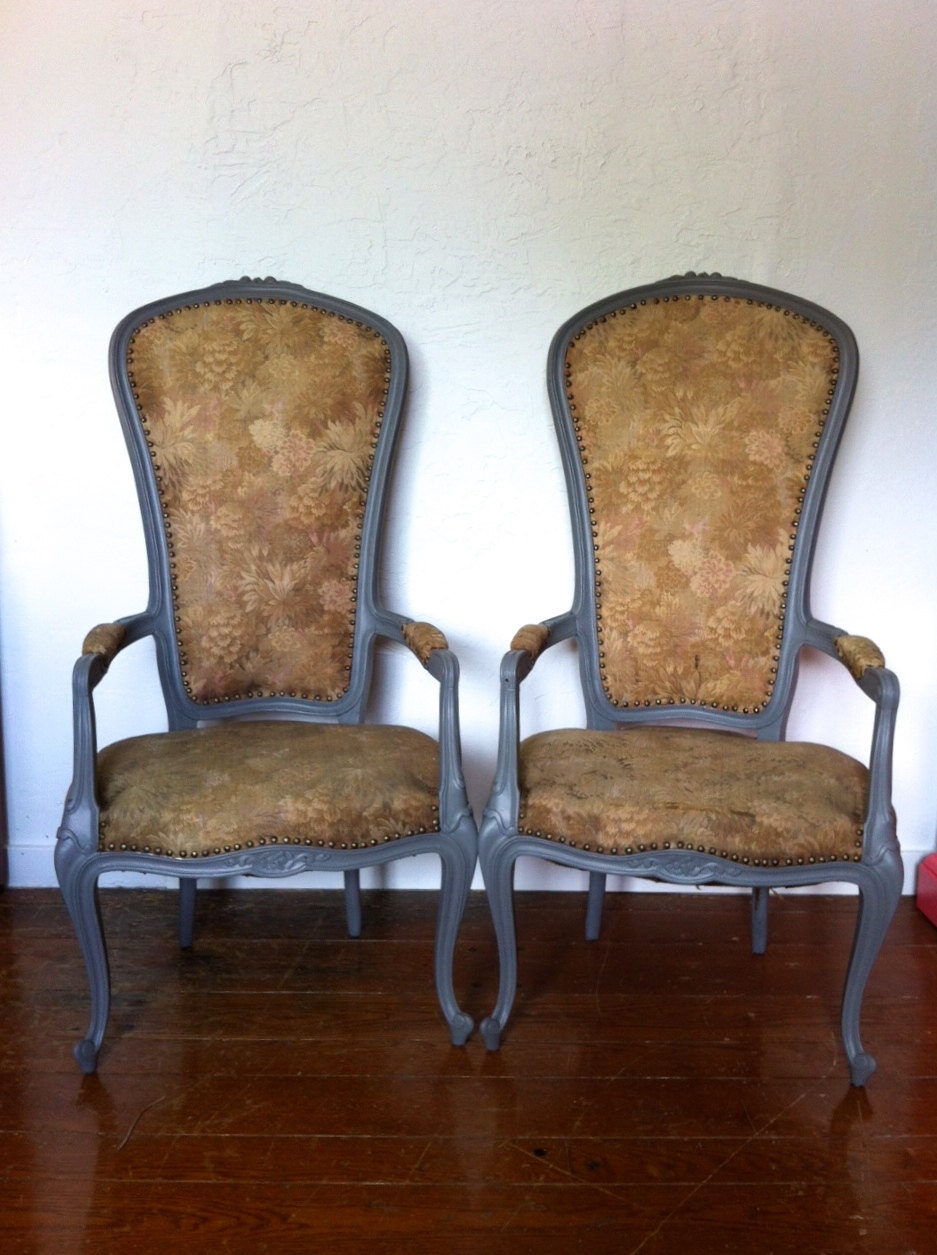 Vintage 1960s High Back Replica Marigold Floral Queen Anne Chairs