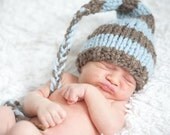 Knit Bulky Yarn Hat in Stripes of Brown Tweed and Baby Blue or Pink with Long Braid and Pom Pom, Photography Prop
